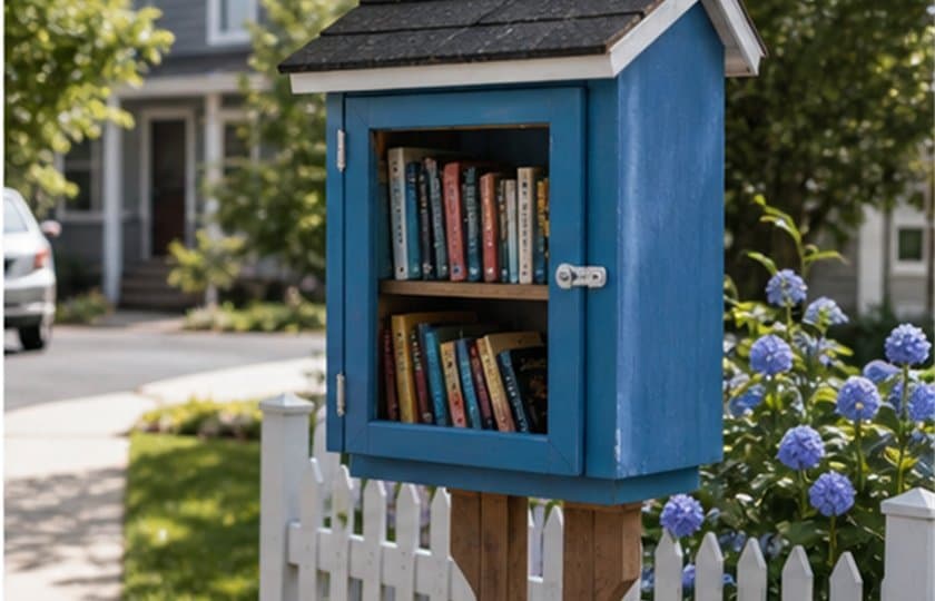 Blue little book library with books beside a sidewalk