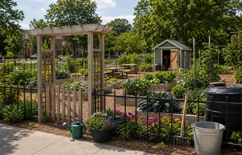 Community garden with raised beds, watering can, tools, and compost bins