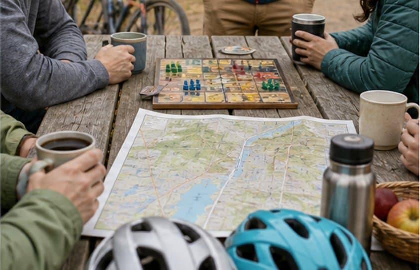 Outdoor table with board game, paper map, helmets, coffee, and snacks