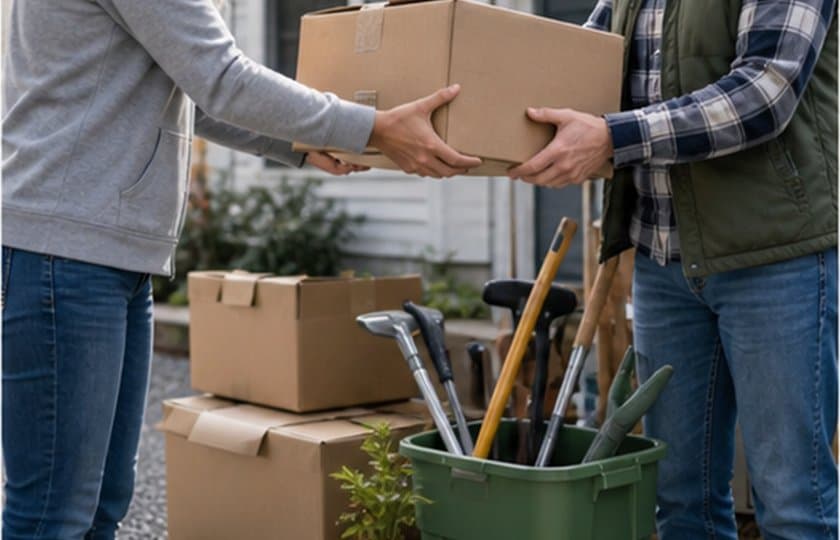 Two people handing off a moving box near tools and garden gear