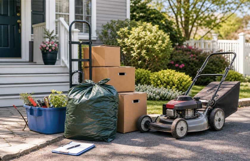 Lawn mower, moving boxes, hand truck, and yard tools ready for a service request